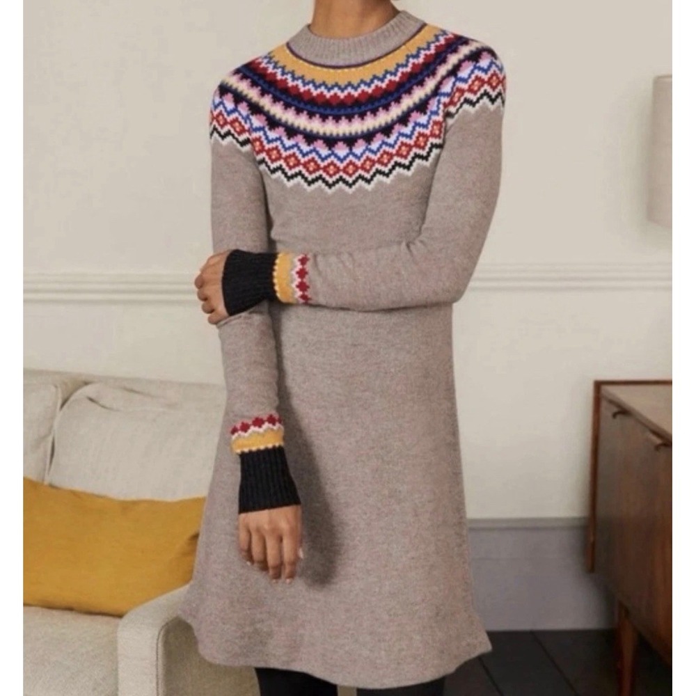 Boden Millie Fair Isle Wool Blend Knit Sweater Dress Beige US 10L Soft Alpaca